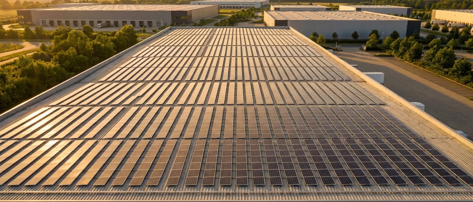 Aerial view of a large commercial warehouse roof covered edge-to-edge with solar panels bathed in warm golden-hour light.