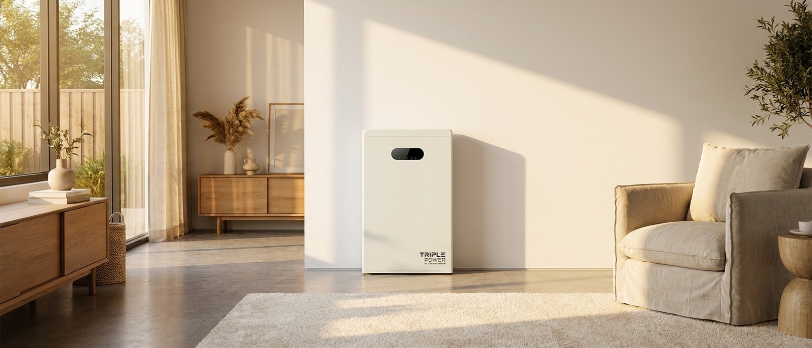 Triple Power battery by SolaX Power standing on a polished concrete floor in a sunlit Scandinavian-style living room with warm afternoon light.