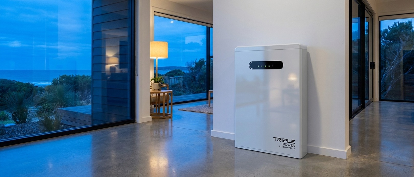 Triple Power by SolaX Power battery standing in the hallway of a modern coastal home at dusk, with ocean views through floor-to-ceiling glass sliding doors. Triple Power by SolaX Power battery standing in the hallway of a modern coastal home at dusk, with ocean views through floor-to-ceiling glass sliding doors.