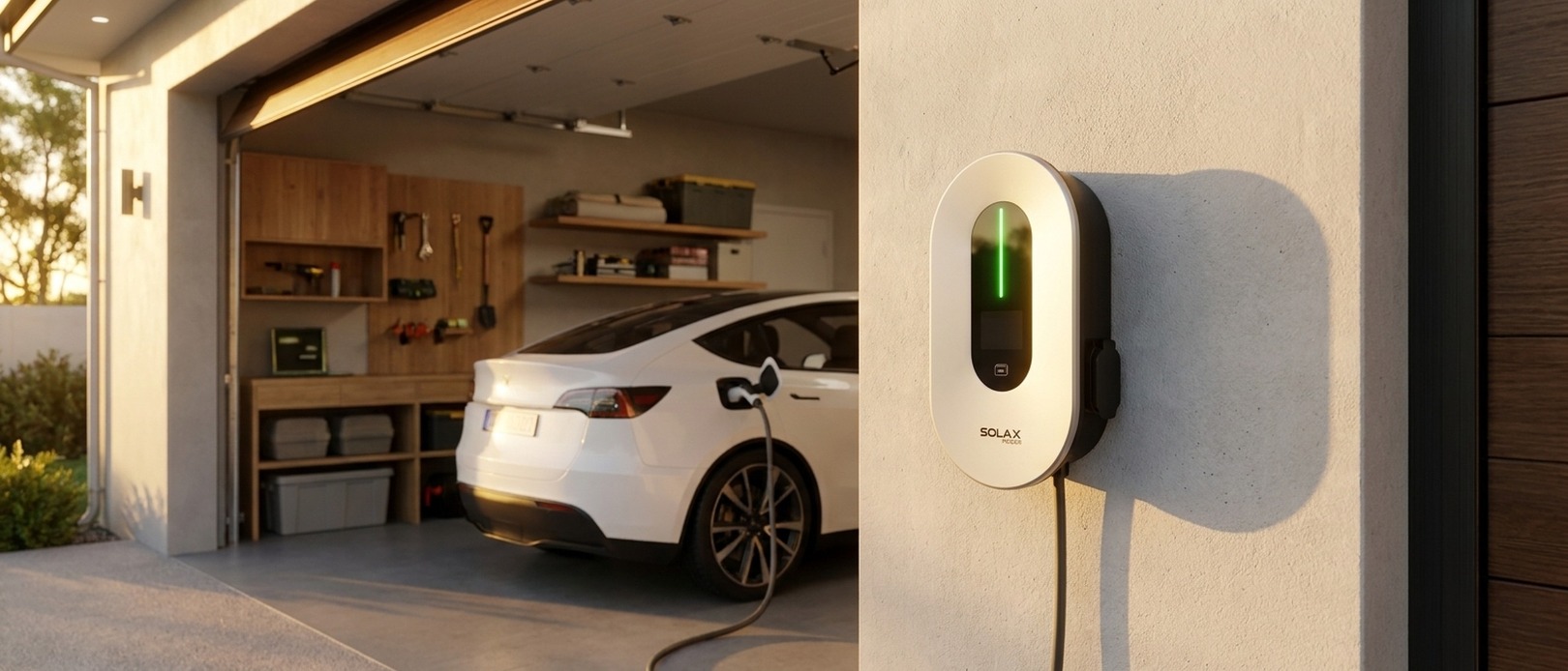 SolaX EV Charger with green indicator light mounted on a rendered wall beside a home garage, with a white sedan plugged in inside at golden hour.