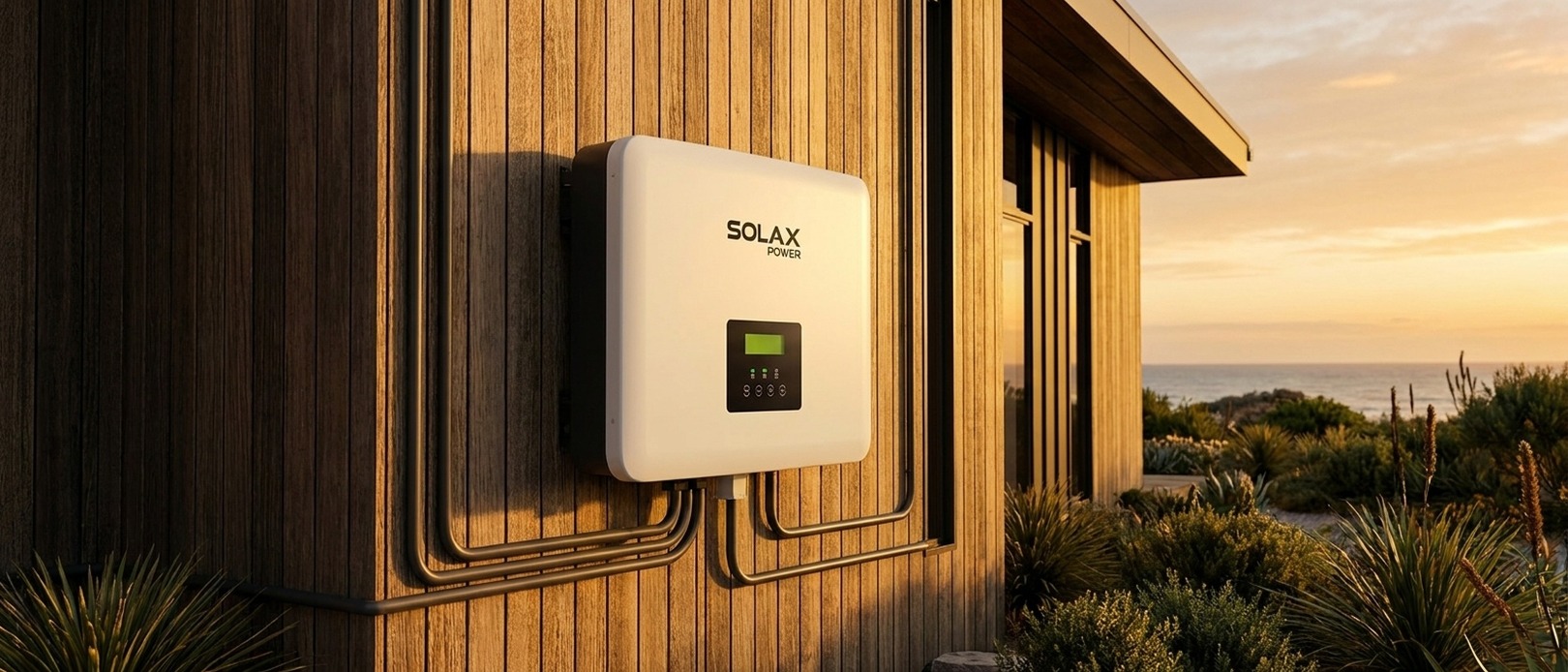 SolaX Power inverter mounted on a timber-clad exterior wall of a coastal home at golden hour with ocean views.