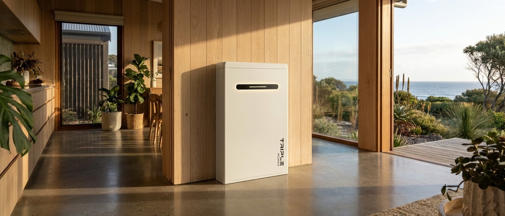 Triple Power battery standing on a polished concrete floor inside a timber-panelled coastal home with ocean views through floor-to-ceiling windows.