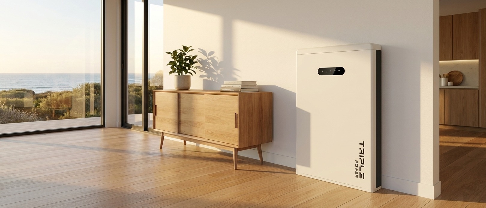 Triple Power wall-mounted battery in a bright modern living room with timber floors, ocean view through sliding doors, and morning sunlight casting soft shadows.