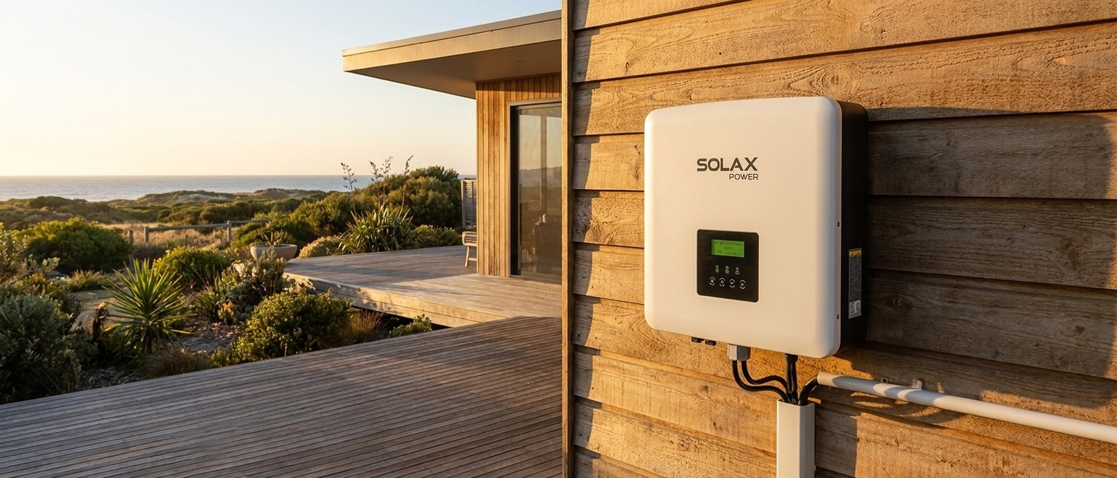 SolaX Power inverter on a weathered timber exterior wall of a coastal shack with a timber deck and ocean dunes at golden hour.