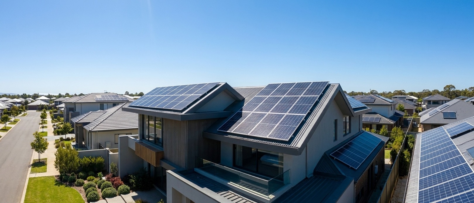 Aerial view of a two-storey suburban Australian home with a large solar panel array covering both roof pitches under a bright blue midday sky.