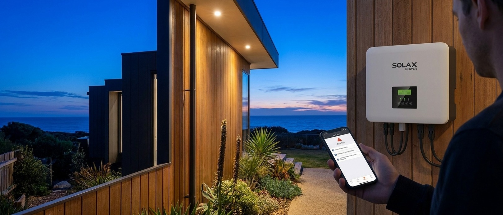 Person holding a smartphone showing a SolaX app fault alert beside a SolaX Power inverter on a timber wall of a coastal home at dusk.