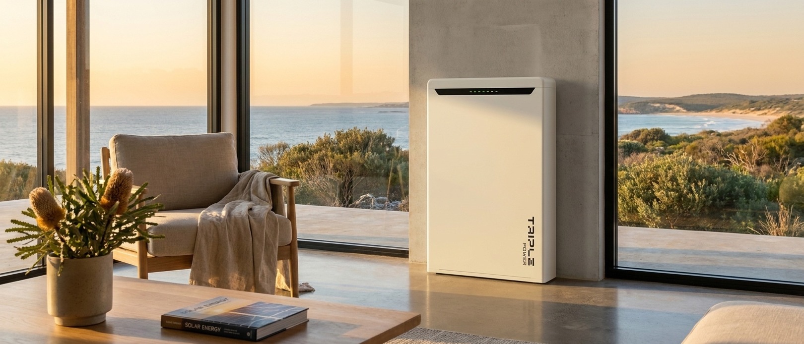 Triple Power battery standing in a sunlit open-plan living room with a coastal scrubland view through large windows and a Solar Energy book on the coffee table.