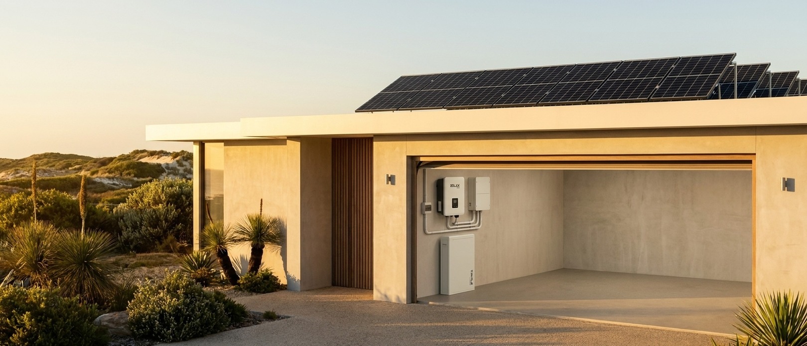 SolaX Power inverter and Triple Power battery mounted together inside an open garage of a rendered flat-roof home with solar panels on the roof at golden hour.