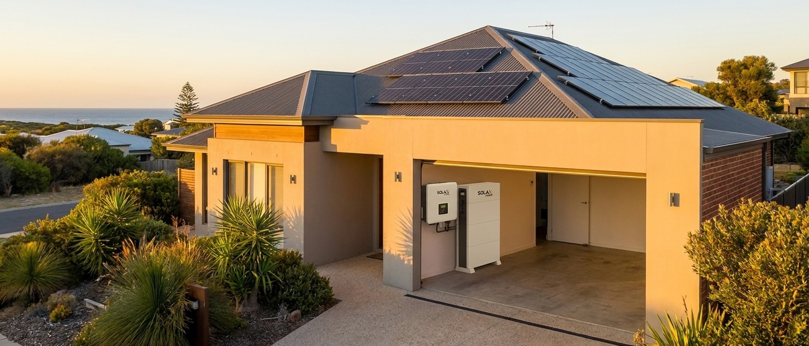 Australian coastal home with solar panels on a metal roof and two SolaX Power units installed in the open garage at golden hour.