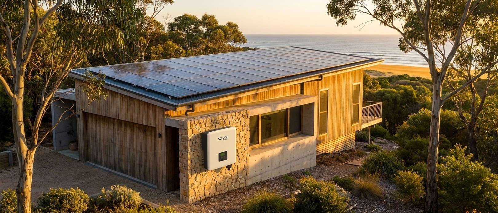 Timber and stone coastal home with full-roof solar array and a SolaX Power inverter mounted on the exterior stone wall at golden hour.