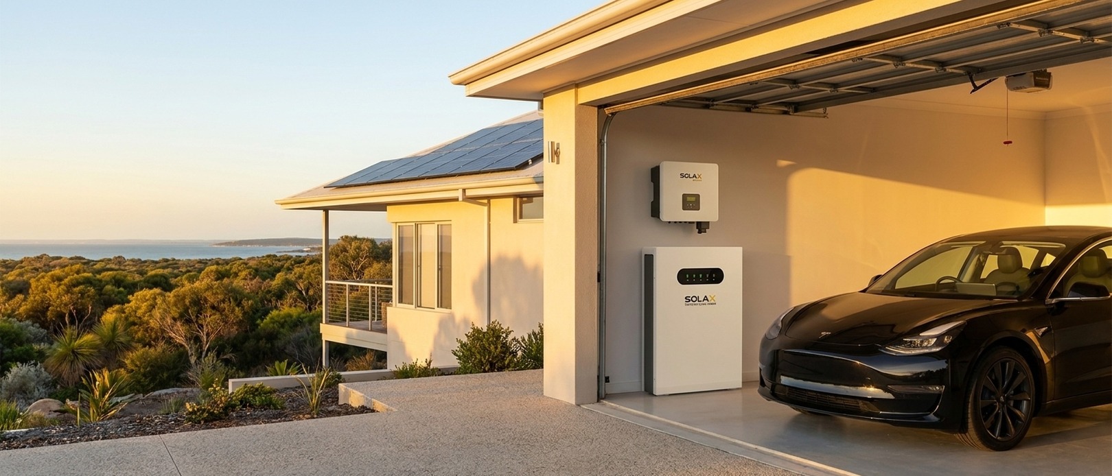SolaX Power inverter wall-mounted above a SolaX battery in an open residential garage beside a parked EV at golden hour.