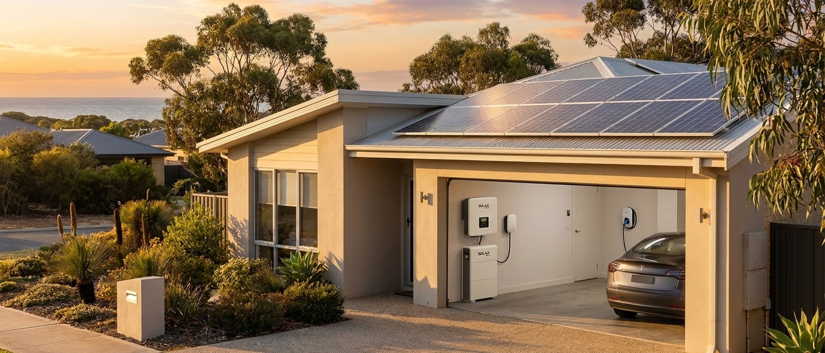 Rendered Australian home at golden-hour dusk with rooftop solar, SolaX inverter and battery installed outside the garage beside an EV charger.