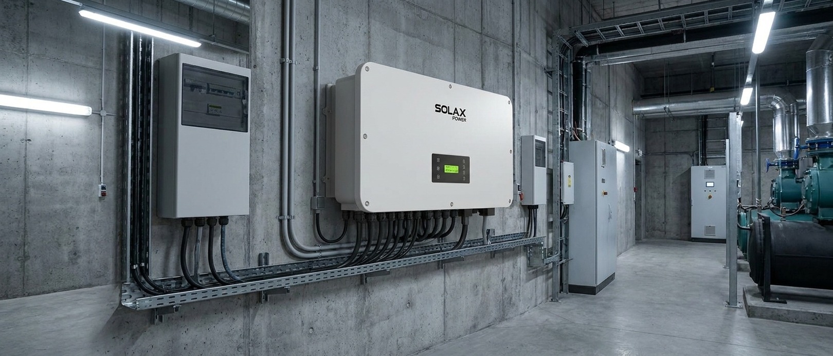 Large SolaX Power commercial inverter wall-mounted in a concrete industrial plant room with extensive cable runs under fluorescent lighting.