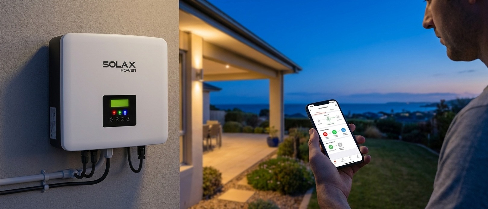SolaX Power inverter with lit green and blue LED display on an exterior wall at dusk alongside a man viewing the SolaX app on a smartphone.
