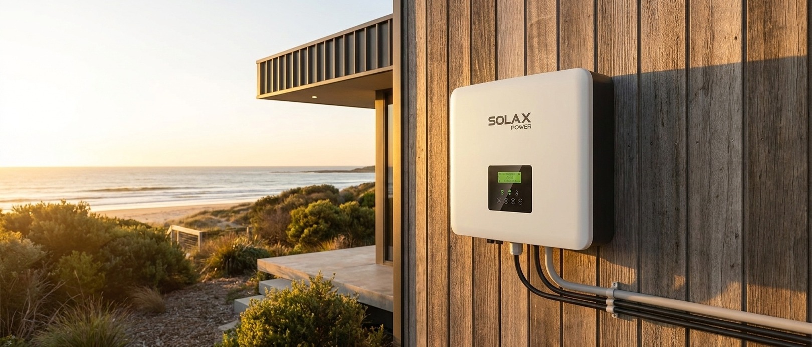SolaX Power inverter mounted on a weathered timber exterior wall of a beachside home at golden hour, ocean and sand dunes visible in the background.
