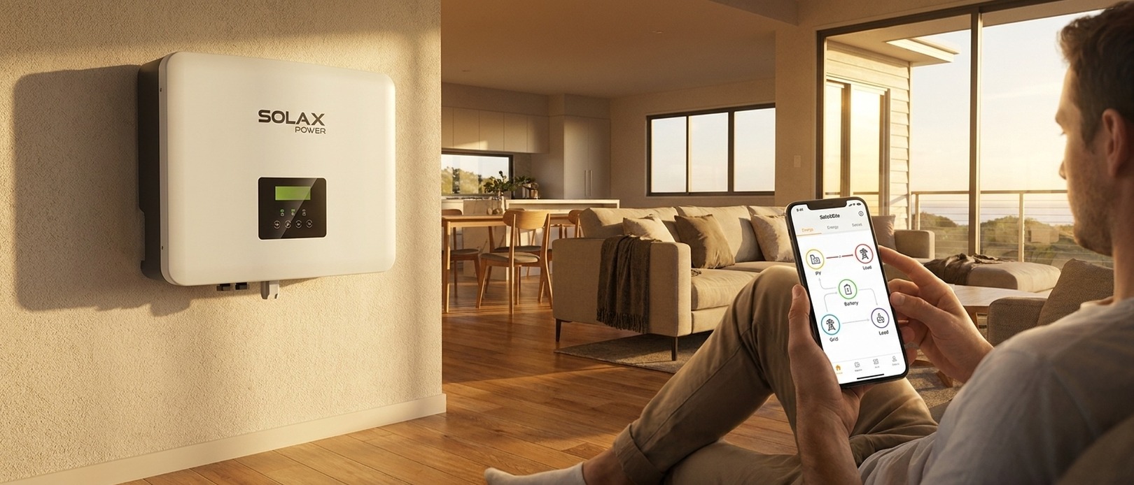 SolaX Power inverter mounted on interior wall beside a man relaxing on a couch checking the SolaXSite app at golden hour.