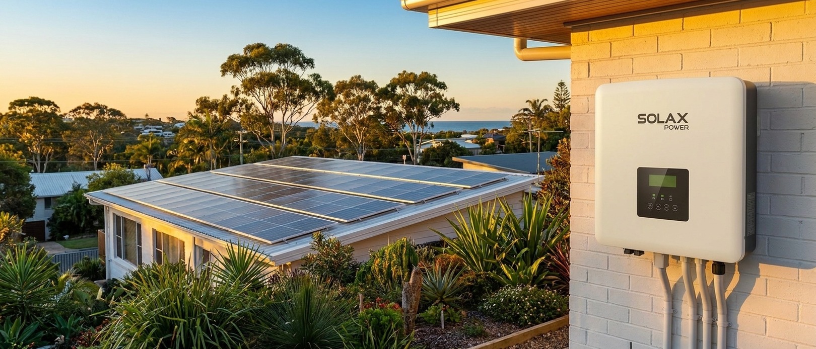 SolaX Power inverter on a white brick exterior wall with solar panels on the roof of a suburban Brisbane home at golden hour.