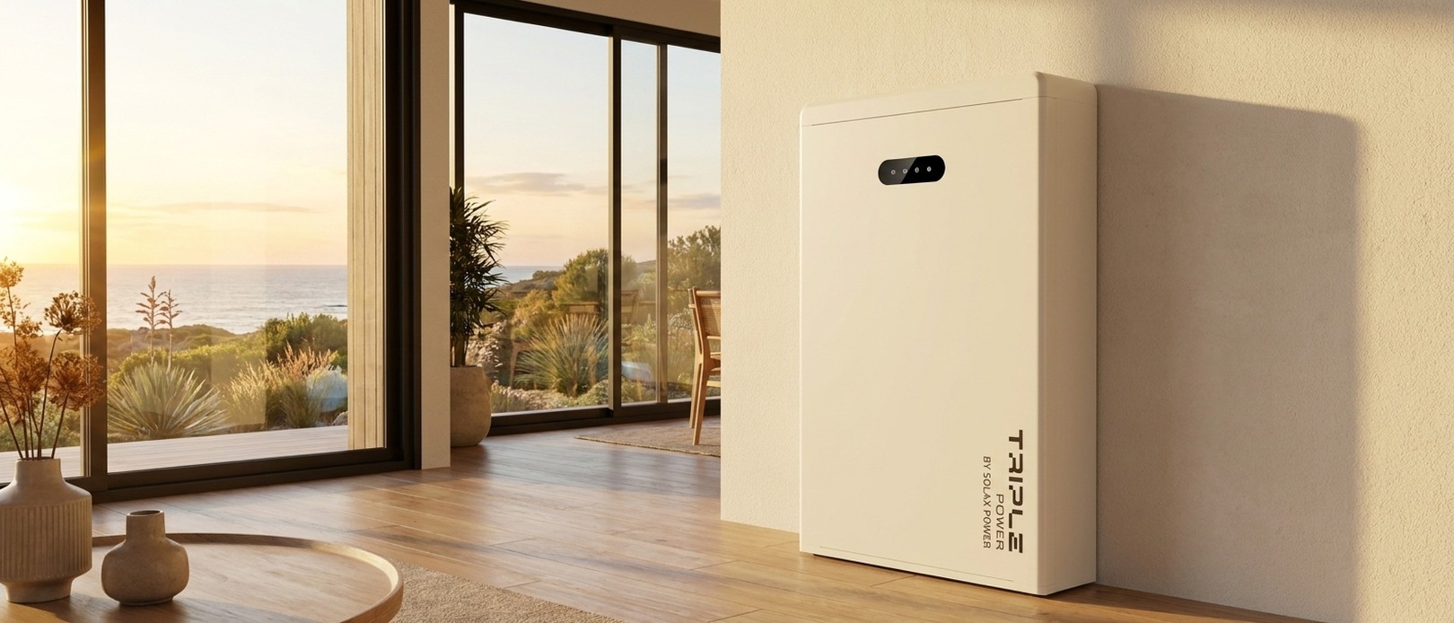 Triple Power by SolaX Power battery standing in a bright modern living room with timber floors and a coastal garden view at golden hour.