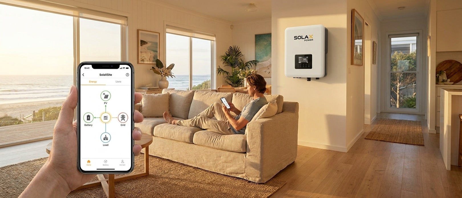 SolaX Power inverter on a living room wall with a person on a couch checking the SolaXSite app on a phone, smartphone showing the energy flow diagram.