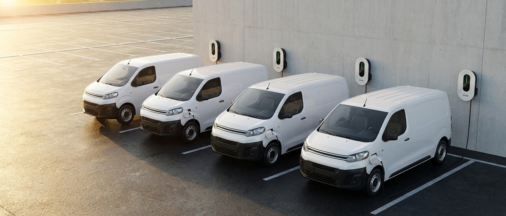 Four white electric commercial vans parked and charging at SolaX EV chargers mounted on a concrete wall in an outdoor carpark at golden hour.