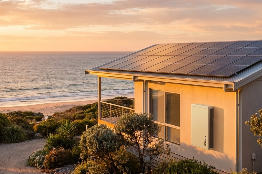 Triple Power by SolaX Power battery on the exterior wall of a beachfront home with a large solar array on the roof and the ocean visible at warm sunset.