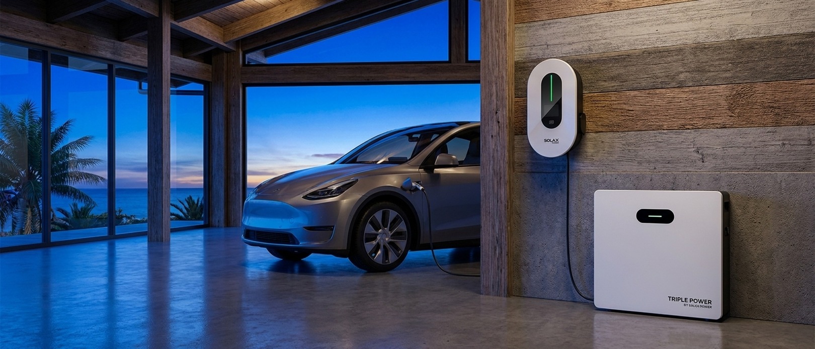 SolaX EV Charger and Triple Power battery mounted on a timber wall inside a coastal home garage at dusk, with an EV plugged in.