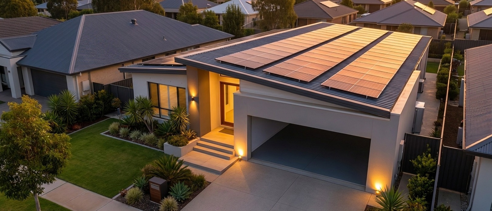 Aerial dusk view of a modern Australian suburban home with a full array of solar panels on the roof, warm interior lights glowing.