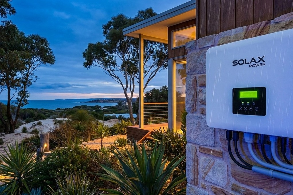 SolaX Power inverter with green LCD display mounted on a stone exterior wall of a coastal home at dusk, native scrub in background.