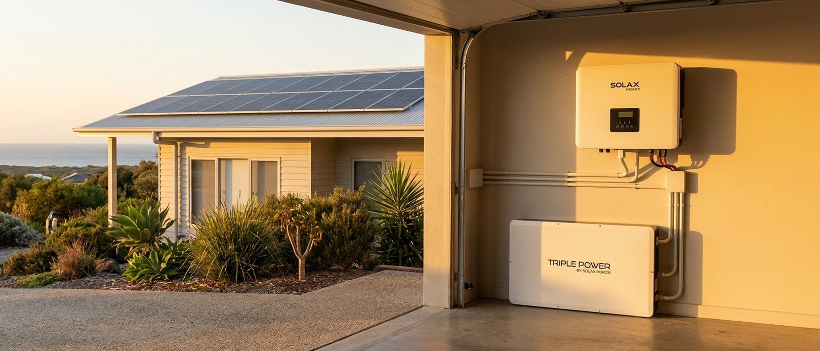 SolaX Power inverter and Triple Power battery installed inside a coastal garage at golden hour, solar panels on roof visible through open door.