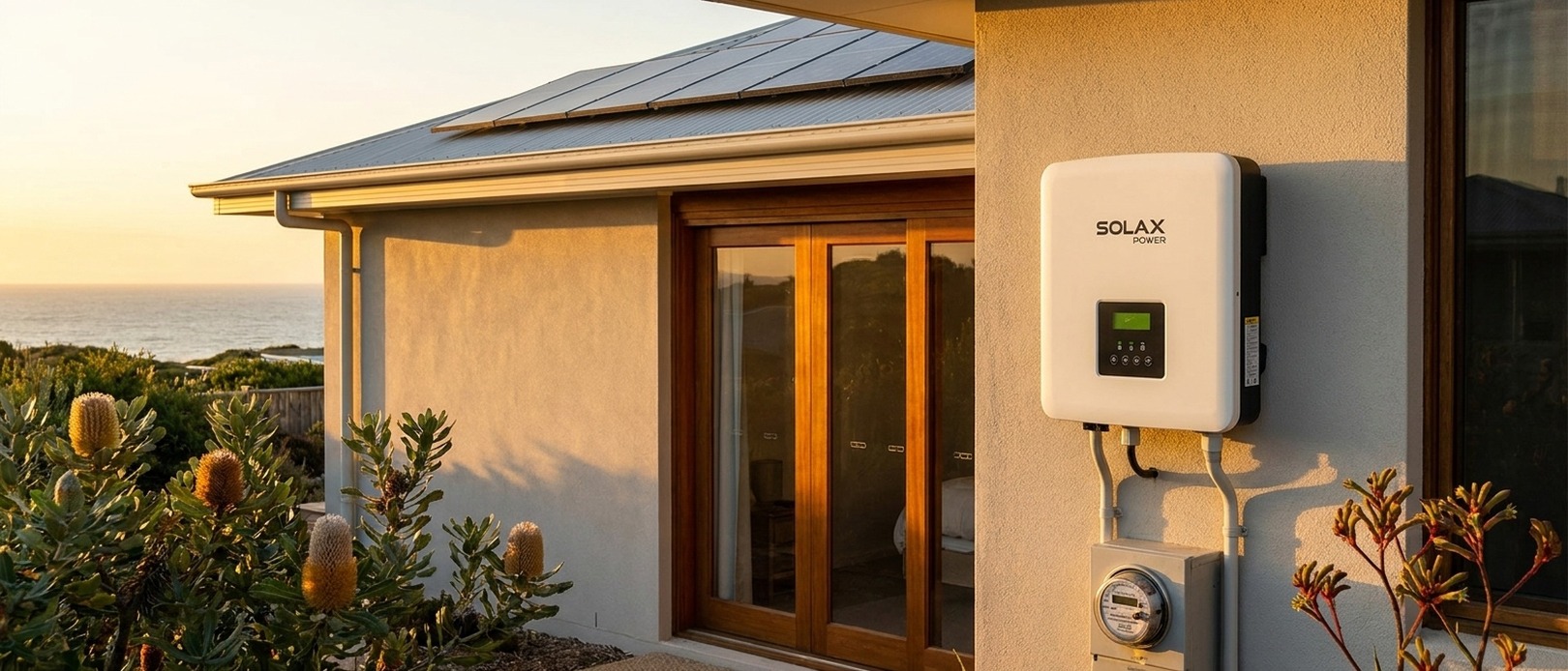 SolaX Power inverter mounted on the exterior render wall of a coastal home at golden hour, with solar panels on the roof and native banksia in the foreground.
