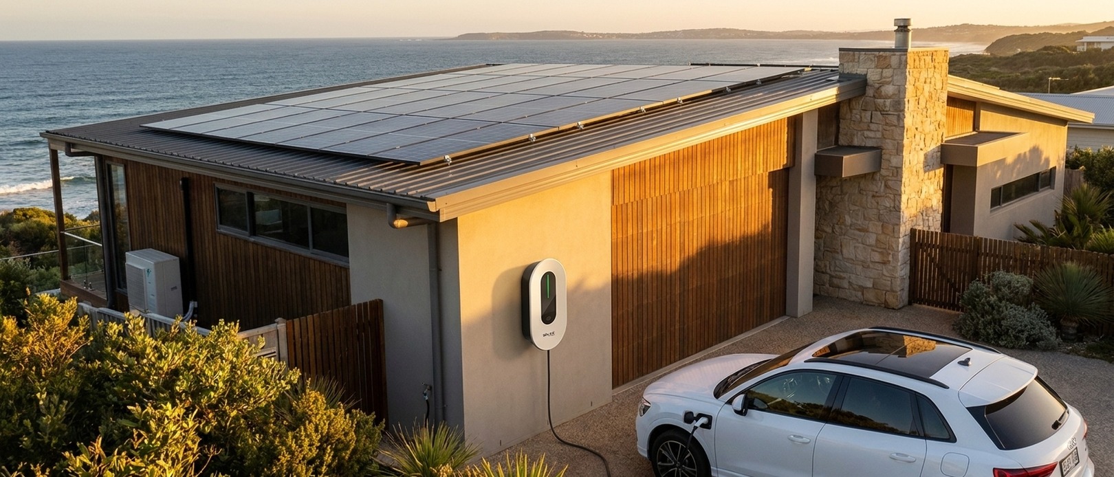 Aerial view of a coastal home at golden hour with a full roof of solar panels and a SolaX EV Charger on the garage wall, white SUV plugged in below. Aerial view of a coastal home at golden hour with a full roof of solar panels and a SolaX EV Charger on the garage wall, white SUV plugged in below.