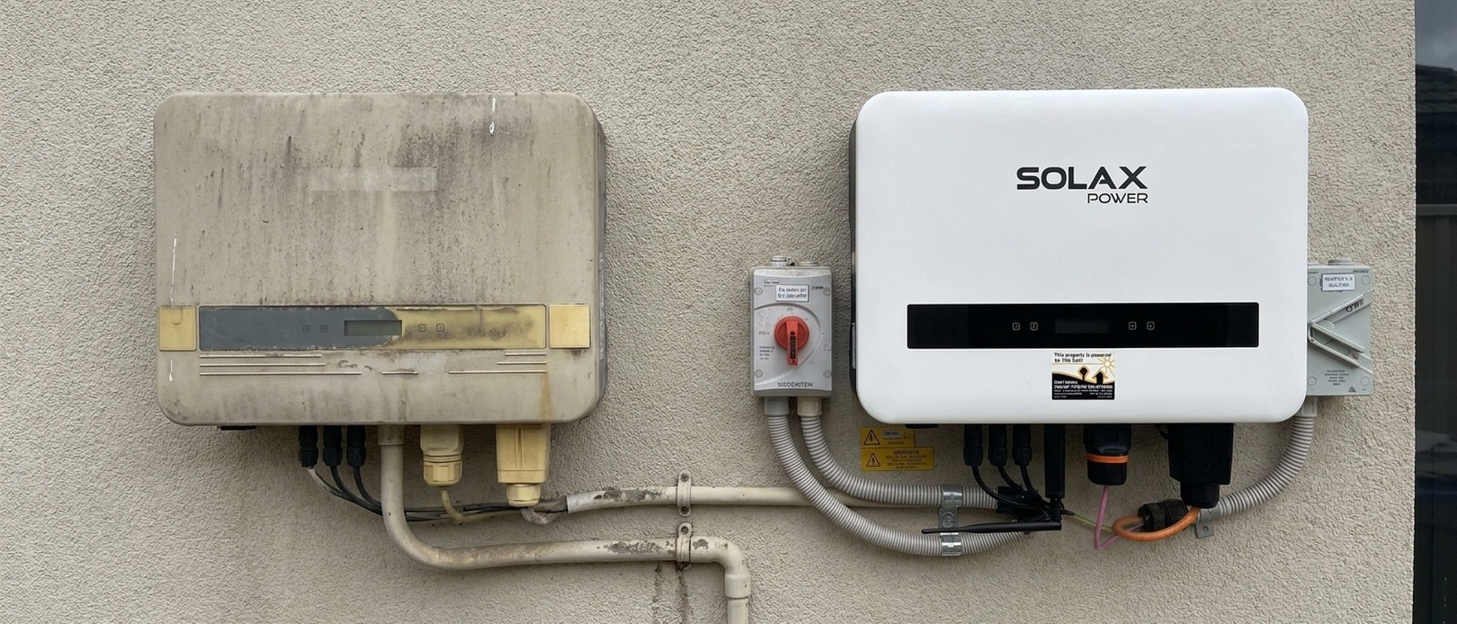 Weathered old solar inverter beside a new SolaX Power inverter on a rendered exterior wall, showing a side-by-side old vs new comparison.