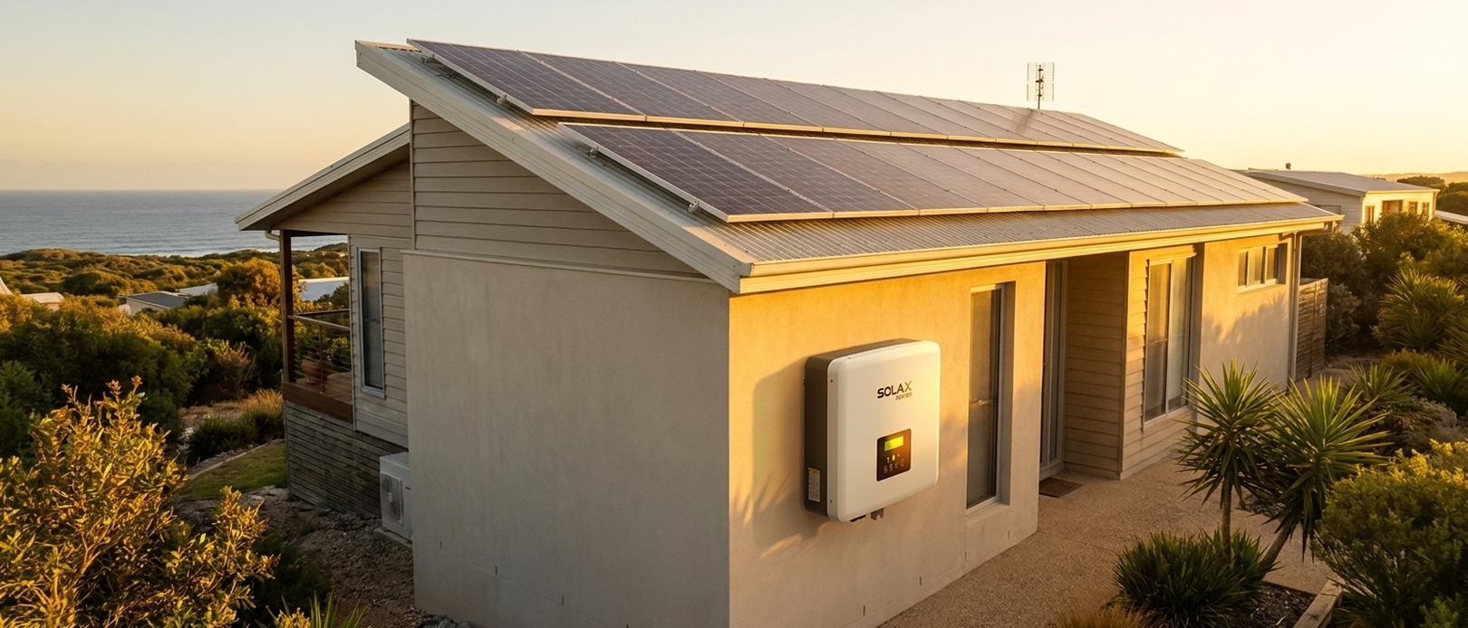 Aerial golden-hour view of a coastal home with solar panels across the full roof and a SolaX Power inverter mounted on the exterior render wall.