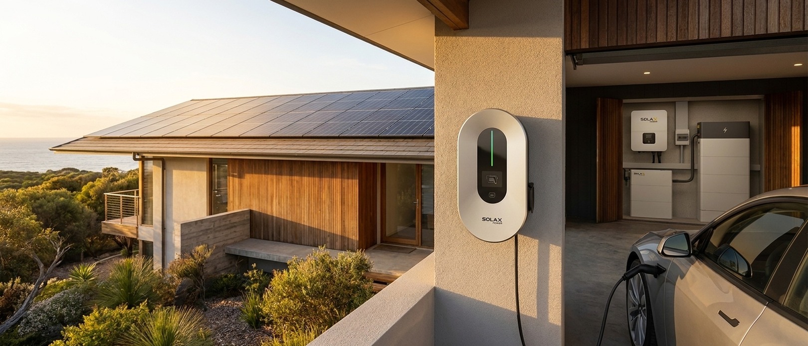 SolaX EV Charger on a garage pillar at golden hour, with a SolaX Power inverter and battery visible in the open garage and solar panels on the roof above.