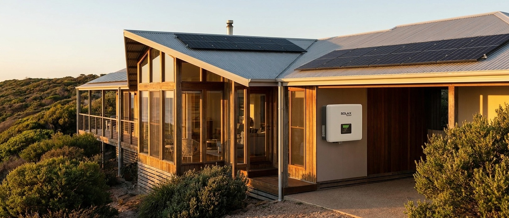Wide-angle golden-hour view of a timber and render rural home with solar panels on both roof sections and a SolaX Power inverter on the exterior wall.