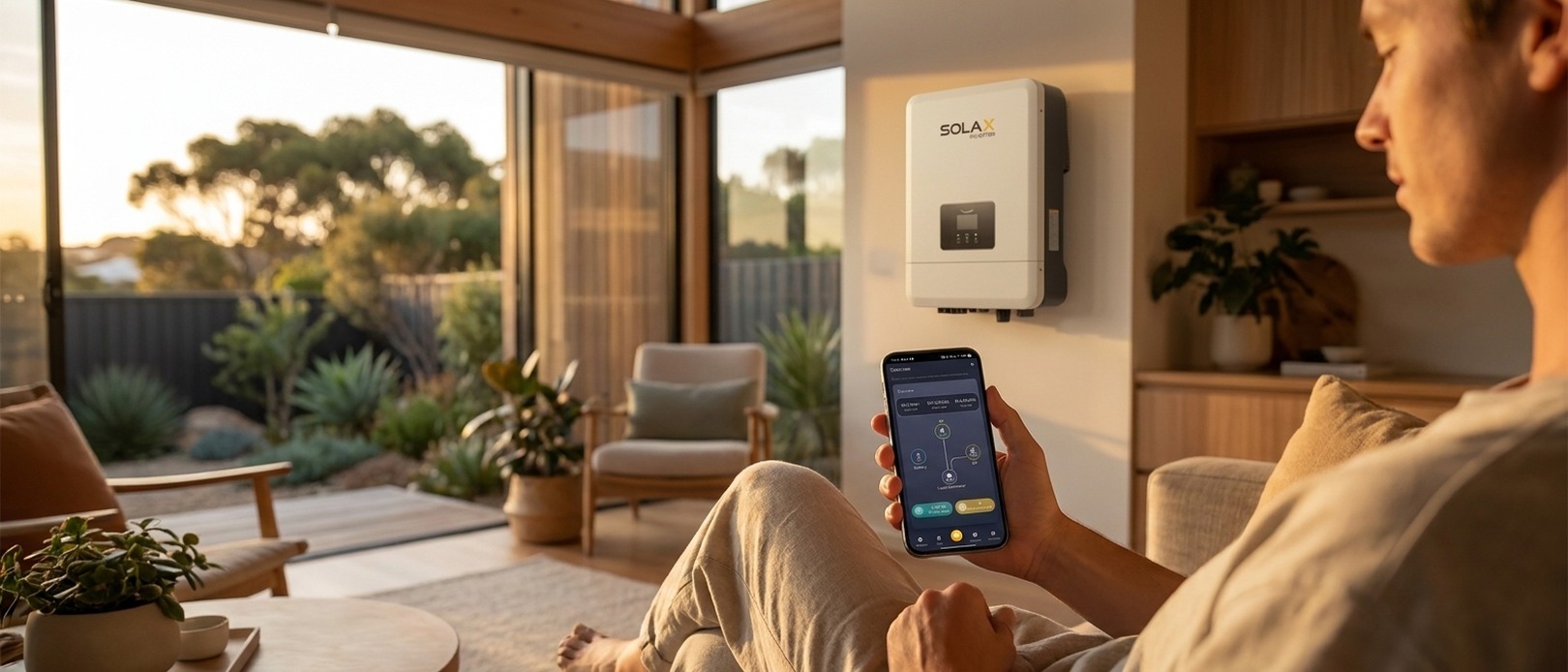 Man relaxing indoors at golden hour holding a smartphone showing the SolaX app, SolaX inverter on the interior wall and bushland through bifold doors behind him.