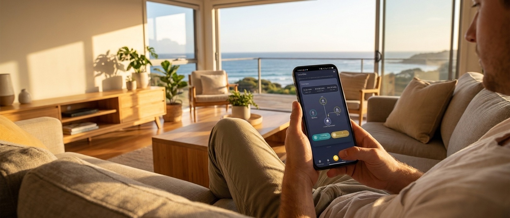 Man relaxing on a sofa holding a smartphone showing the SolaxSite monitoring app, bright coastal living room with ocean views at golden hour.