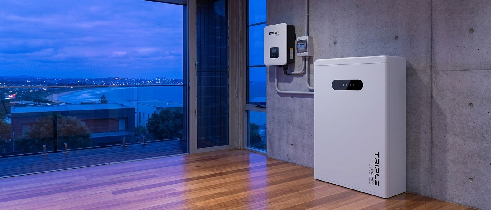 SolaX hybrid inverter and Triple Power battery installed on a concrete wall, with glass doors   opening onto an ocean view, hardware ready to join a virtual power plant