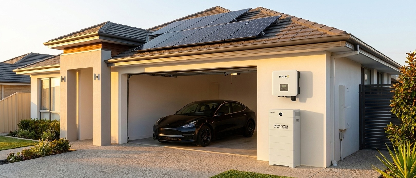 Street view of a home with rooftop solar panels and a SolaX hybrid inverter and battery mounted   beside the garage, weighing up the X1-Hybrid vs X3-Hybrid