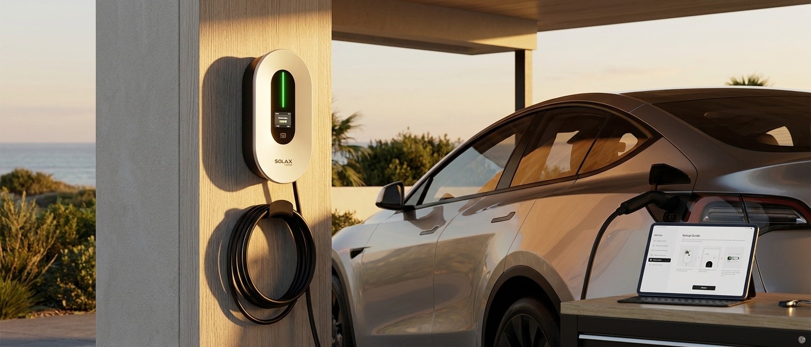 SolaX EV charger mounted under a timber carport, charging an electric vehicle at sunset with   coastal greenery and a laptop showing the setup guide