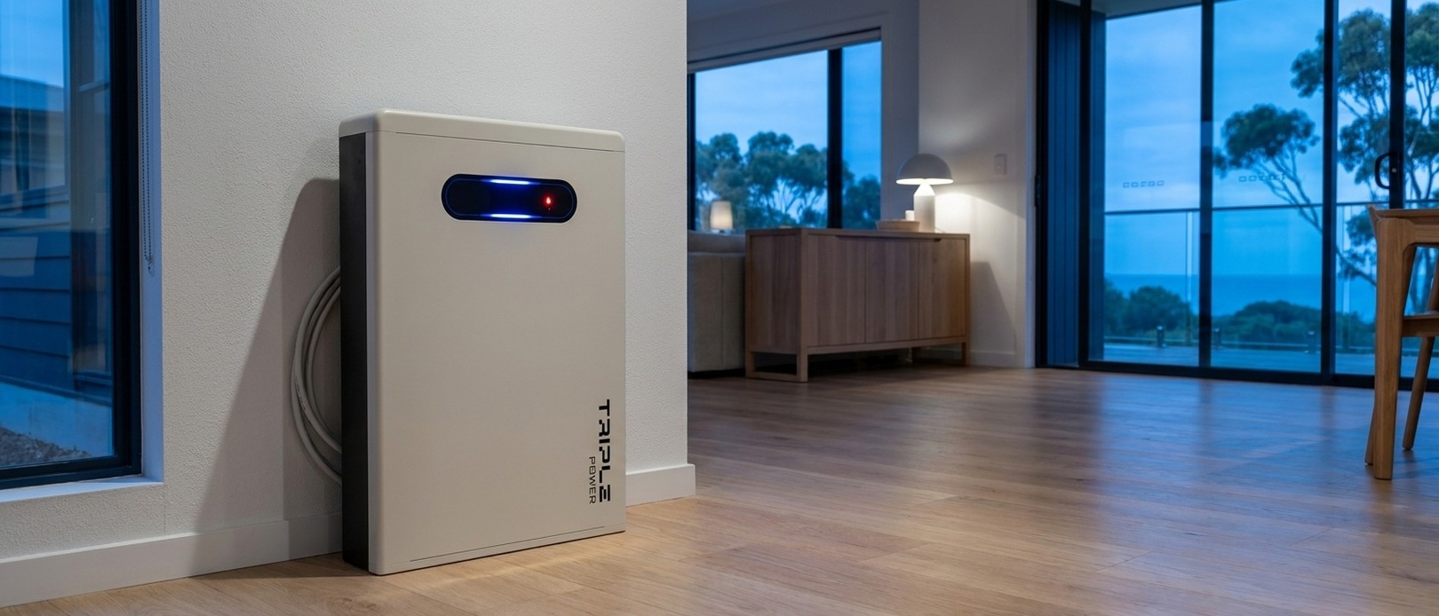 SolaX Triple Power battery mounted on a living room wall at dusk, its status LED   lit, with the open-plan lounge and windows to the coast behind it