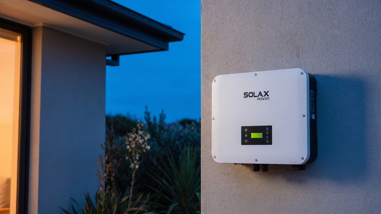 SolaX hybrid inverter wall-mounted on a grey stucco wall outside an Australian home at dusk, with a warmly lit window and garden plants in the background