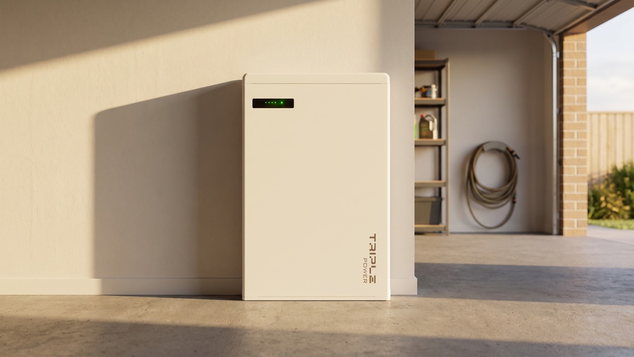 SolaX Triple Power home battery standing on the floor of an Australian garage in warm afternoon light, with shelving and a coiled hose visible in the background