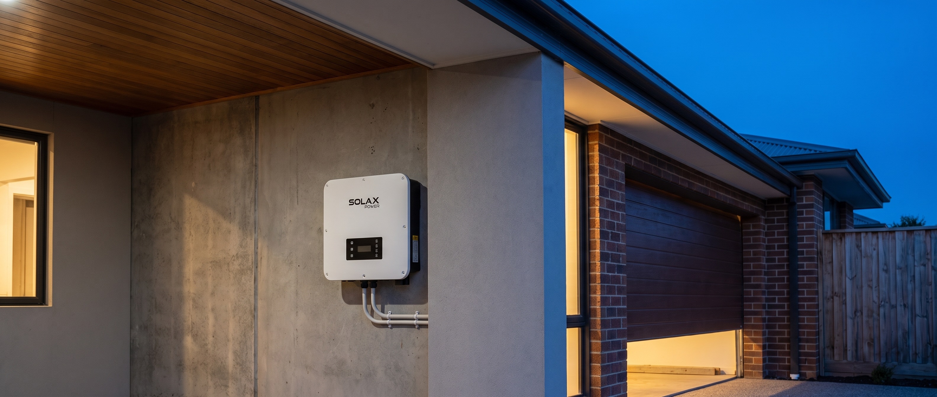 SolaX hybrid inverter wall-mounted on a rendered pillar outside an Australian home at dusk, with the garage door open and warmly lit behind it