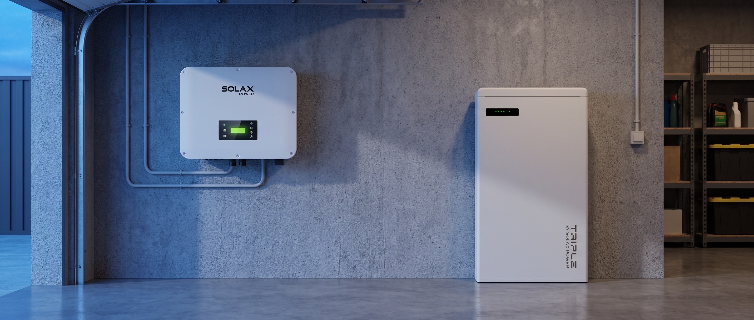 SolaX hybrid inverter and Triple Power battery installed side by side in an Australian garage, with shelving and an open garage door in the background