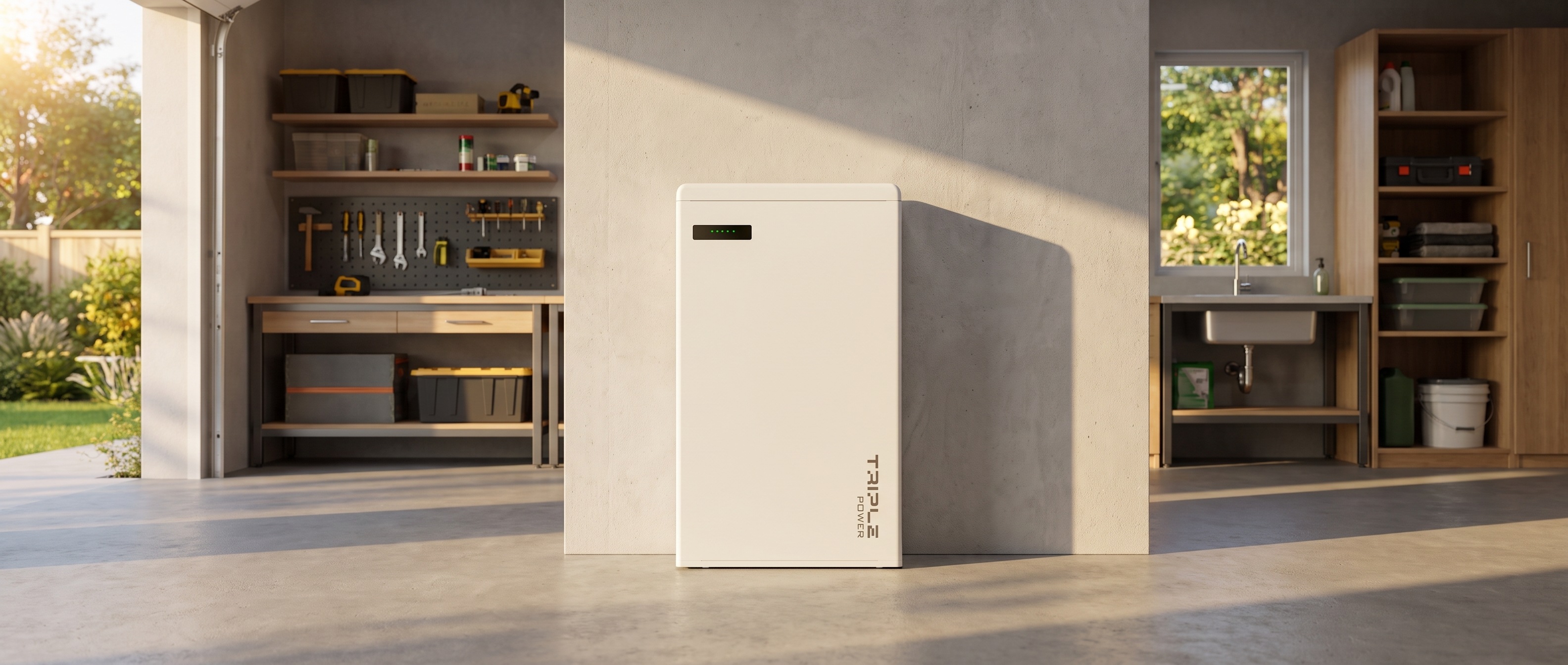 SolaX Triple Power home battery standing in a sunlit Australian garage workshop, with a tool pegboard, workbench and laundry sink in the background